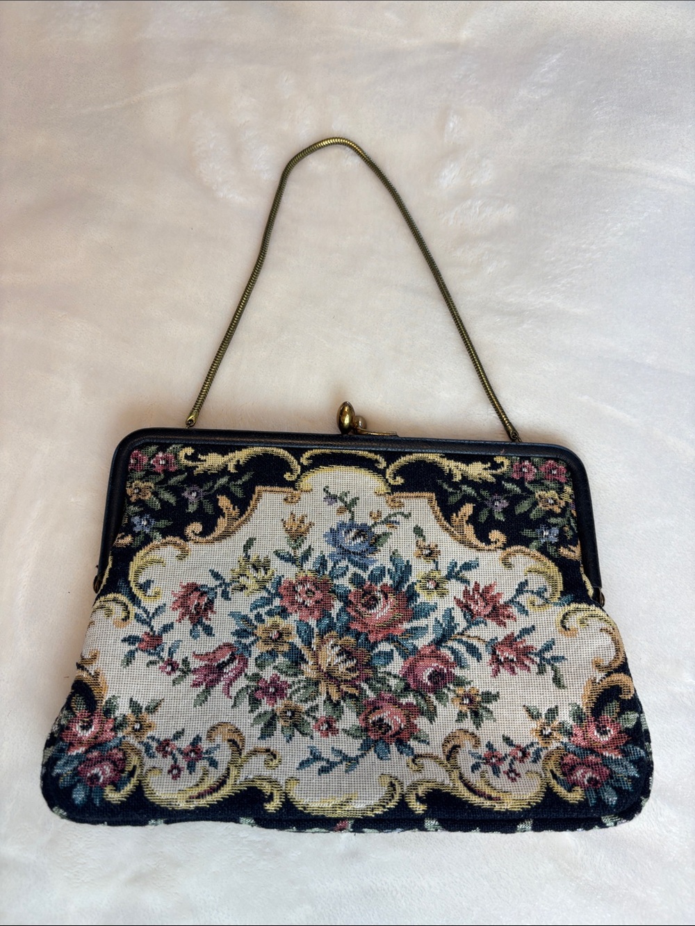 Vintage ANZMANN Floral Tapestry Evening Bag in Black/Cream Kiss-Lock 1950's